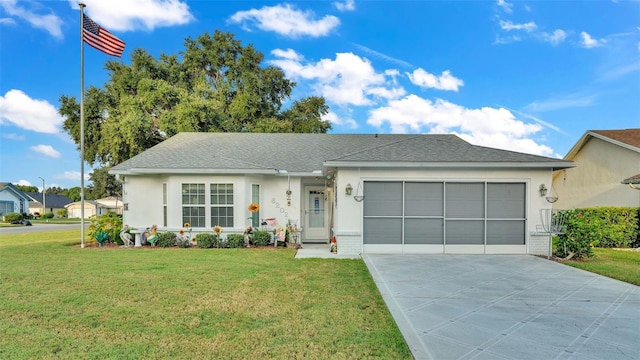 single story home featuring a front yard and a garage