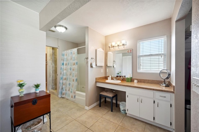 bathroom with tile patterned flooring, shower / bathtub combination with curtain, and vanity