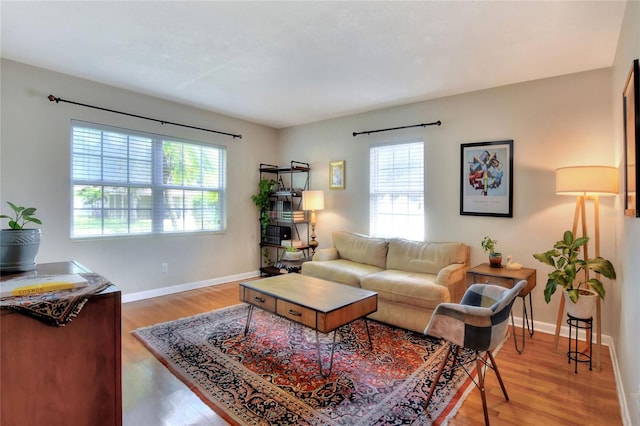 living area with baseboards and wood finished floors