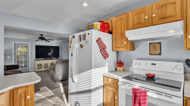 4390 Sunnyside Dr, Lakeland, FL 33810 - kitchen with under cabinet range hood, white appliances, light countertops, and a ceiling fan