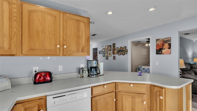 kitchen featuring ceiling fan, dishwasher, and kitchen peninsula