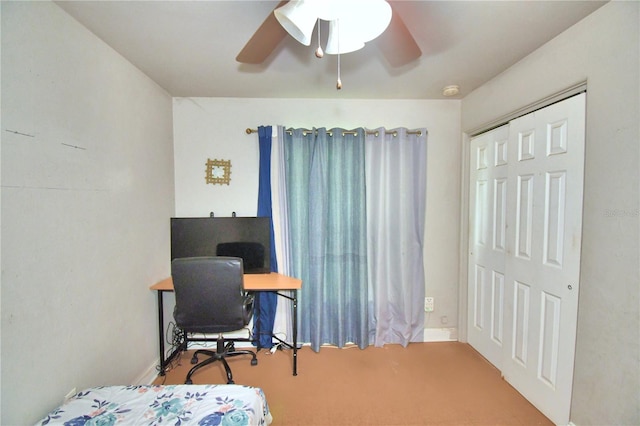 bedroom featuring a closet, carpet, and ceiling fan