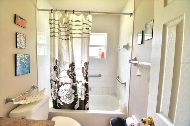 bathroom featuring shower / bathtub combination with curtain and toilet