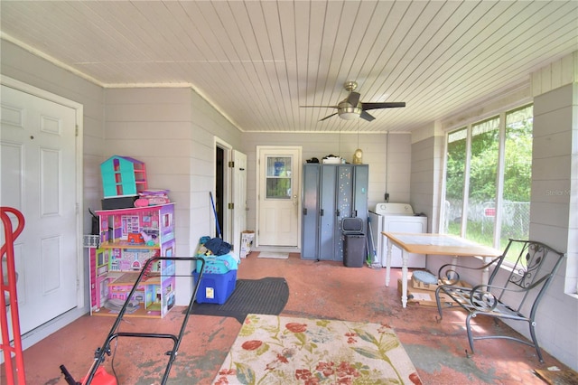 exterior space featuring ceiling fan and washer and dryer