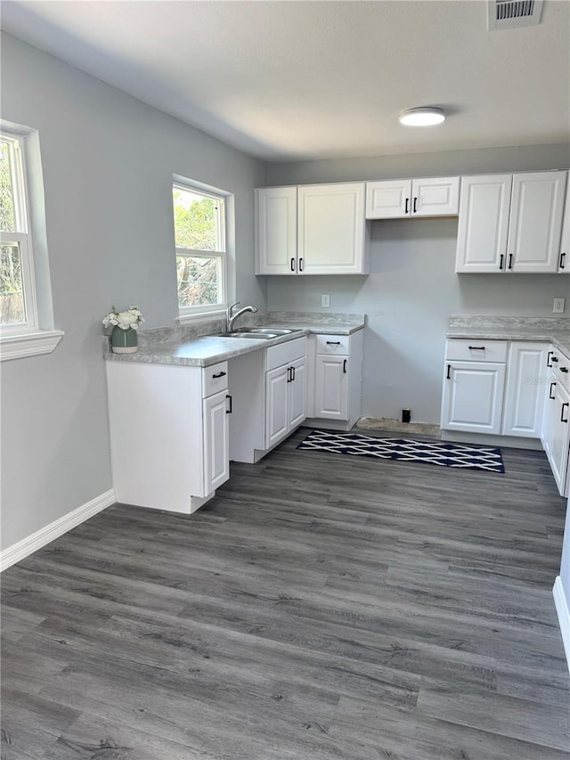 kitchen with white cabinets, sink, and dark hardwood / wood-style floors