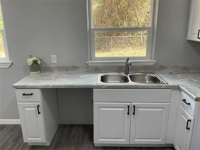 kitchen with sink, dark hardwood / wood-style floors, and white cabinets