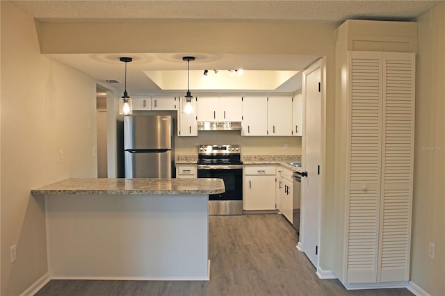 kitchen with appliances with stainless steel finishes, kitchen peninsula, white cabinets, and pendant lighting