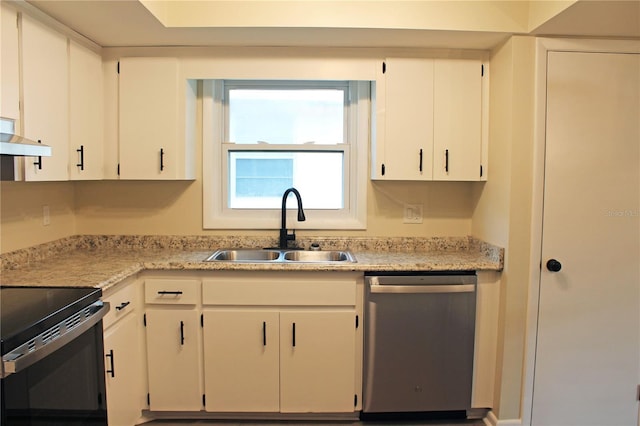 kitchen with stainless steel dishwasher, range with electric stovetop, light countertops, white cabinetry, and a sink