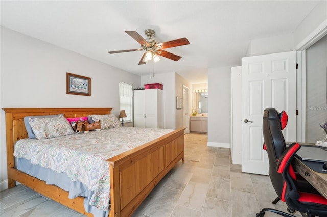 bedroom with a closet, ensuite bath, and ceiling fan