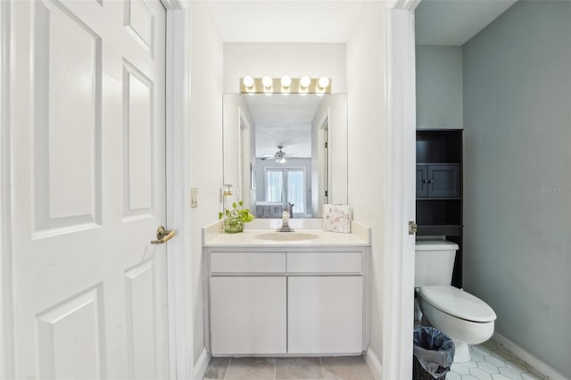 bathroom with tile patterned floors, ceiling fan, toilet, and vanity