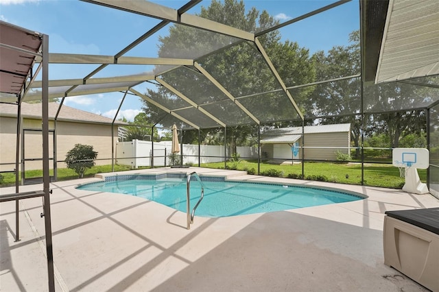 view of pool featuring a lanai, a yard, and a patio