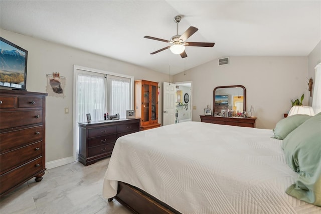 bedroom featuring ceiling fan and lofted ceiling