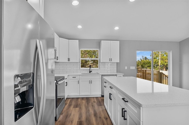 kitchen with white cabinetry, a wealth of natural light, dark hardwood / wood-style flooring, and stainless steel appliances