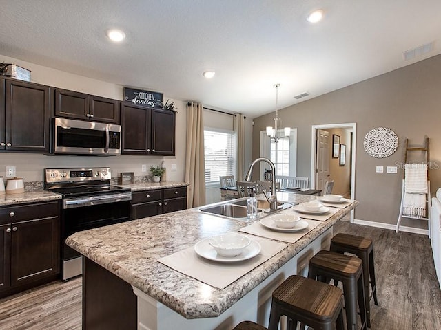 kitchen featuring stainless steel appliances, lofted ceiling, a kitchen island with sink, and sink