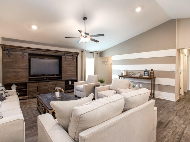 living room with lofted ceiling, dark hardwood / wood-style flooring, and ceiling fan