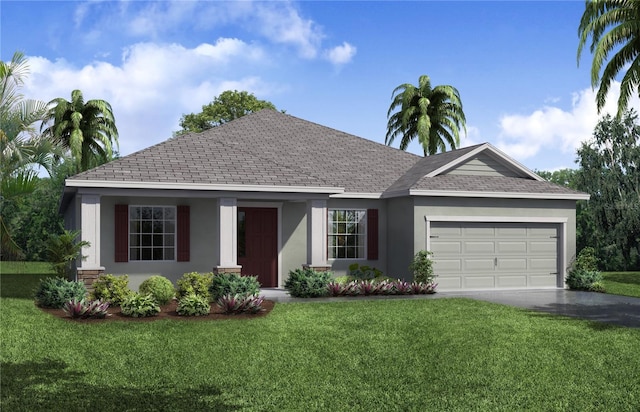 ranch-style house featuring a garage and a front yard