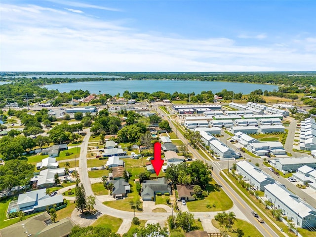 bird's eye view with a water view