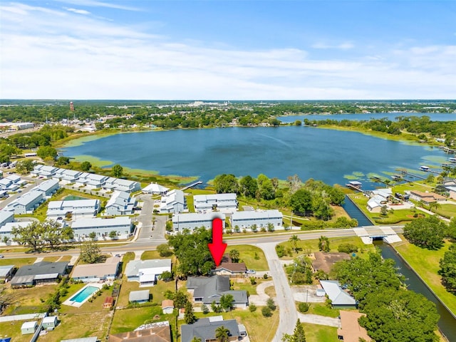 drone / aerial view featuring a water view