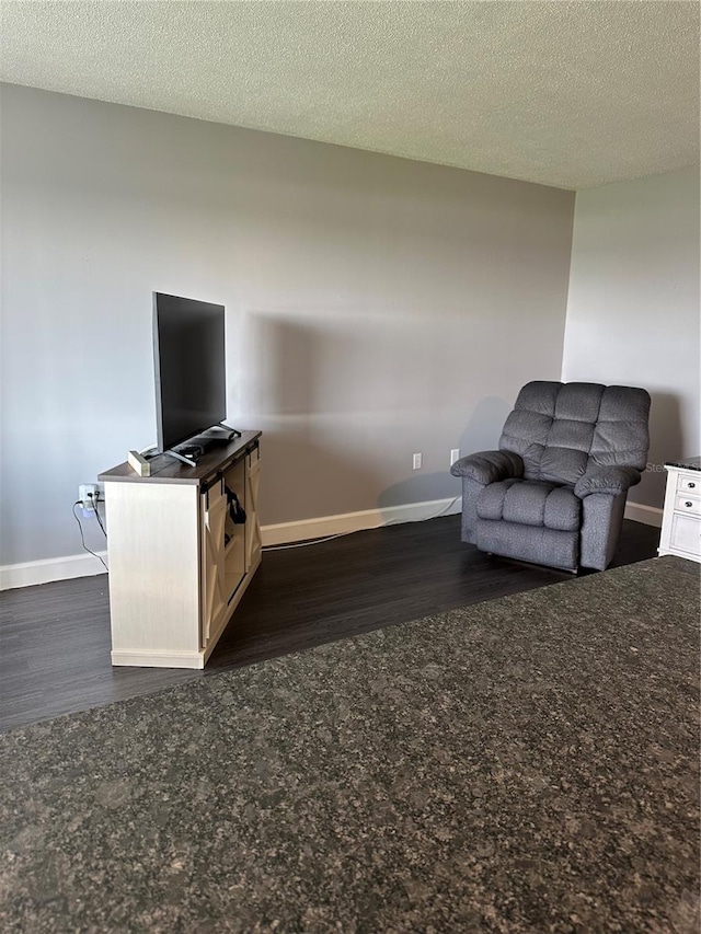 living room with a textured ceiling and dark wood-type flooring