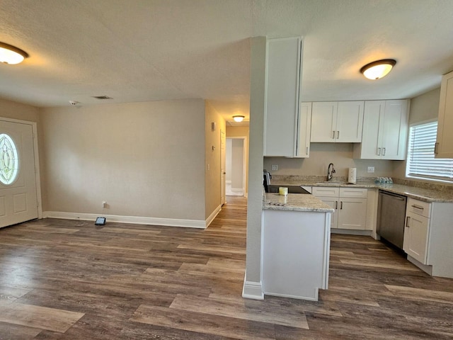 kitchen with white cabinetry, dishwasher, dark wood-type flooring, and light stone counters