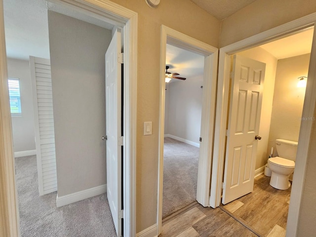 bathroom with ceiling fan, hardwood / wood-style floors, and toilet