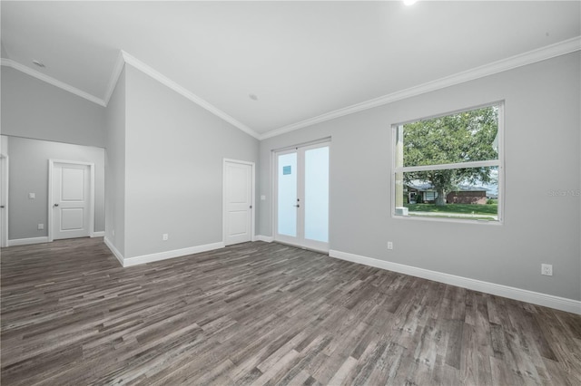 spare room with crown molding, french doors, and dark hardwood / wood-style flooring