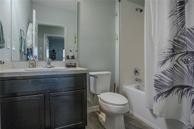 full bathroom featuring shower / tub combo, tile patterned flooring, vanity, and toilet