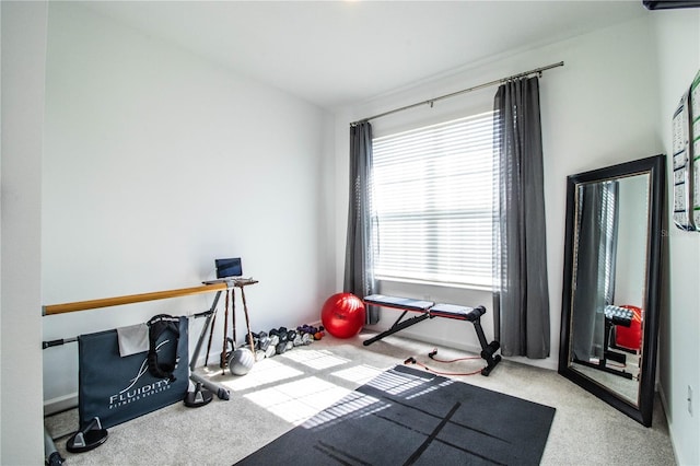 exercise room featuring baseboards and carpet