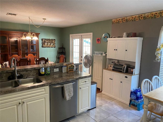 kitchen with white cabinetry, dishwasher, sink, hanging light fixtures, and a notable chandelier