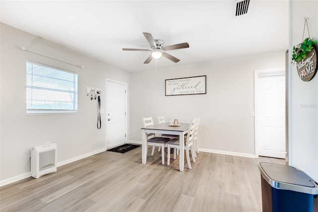 dining room featuring ceiling fan and light hardwood / wood-style floors