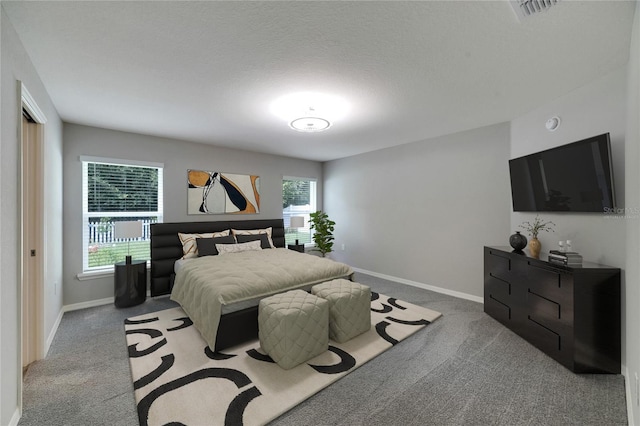 carpeted bedroom with a textured ceiling