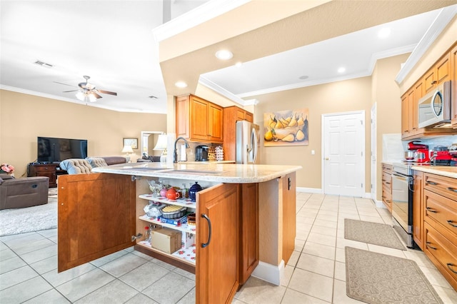 kitchen featuring light tile patterned floors, ornamental molding, kitchen peninsula, stainless steel appliances, and decorative backsplash