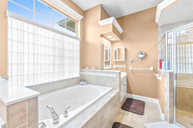 bathroom featuring vanity, separate shower and tub, and tile patterned flooring