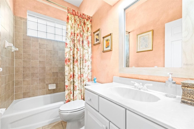 full bathroom featuring shower / tub combo with curtain, vanity, toilet, and tile patterned floors