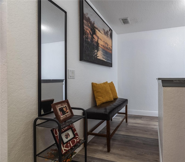 living area featuring dark hardwood / wood-style flooring and a textured ceiling