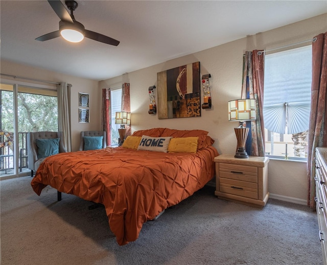 bedroom featuring ceiling fan, carpet flooring, and access to exterior