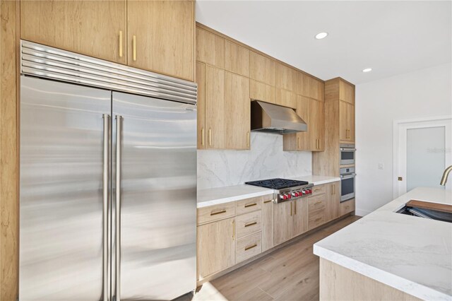 kitchen with light brown cabinets, stainless steel appliances, exhaust hood, and a sink