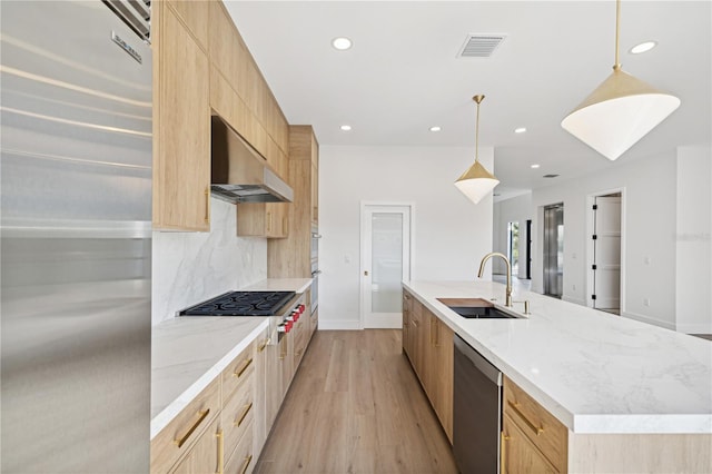 kitchen with sink, stainless steel appliances, hanging light fixtures, light hardwood / wood-style flooring, and ventilation hood