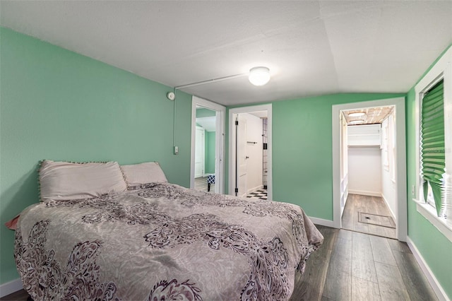 bedroom featuring a closet, lofted ceiling, a spacious closet, and dark hardwood / wood-style flooring