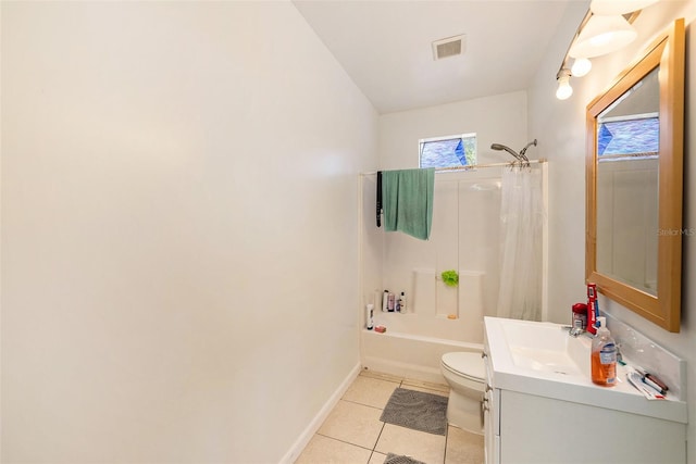 full bathroom with shower / tub combo, vanity, tile patterned floors, toilet, and vaulted ceiling