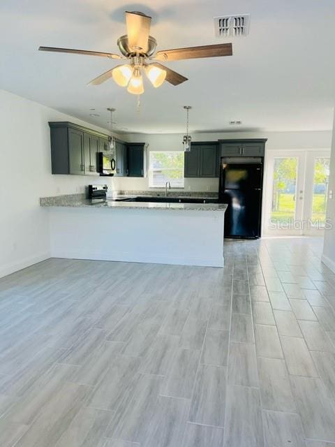 kitchen with light hardwood / wood-style floors, appliances with stainless steel finishes, kitchen peninsula, and a wealth of natural light