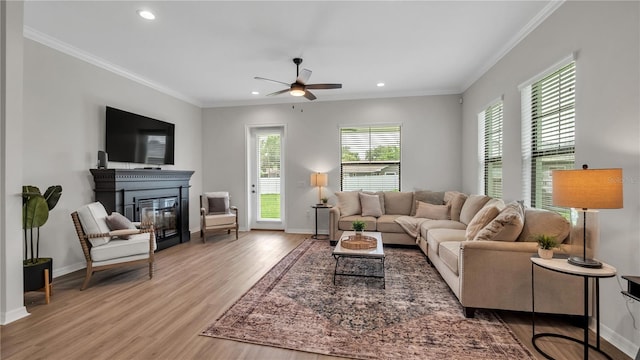 living room featuring crown molding, ceiling fan, and hardwood / wood-style floors