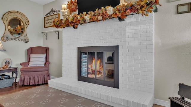 interior details featuring a fireplace