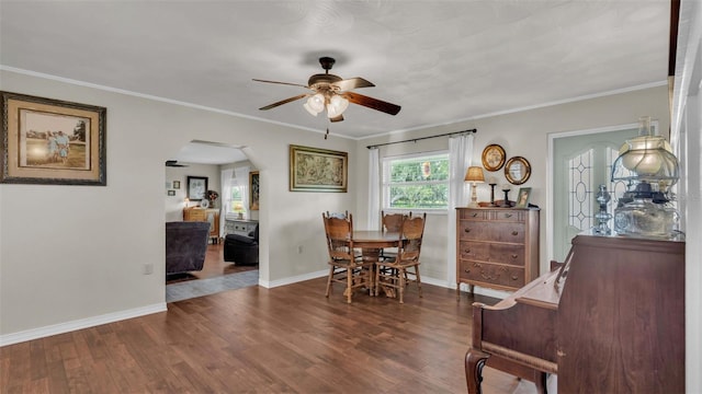 dining area featuring ceiling fan, ornamental molding, and hardwood / wood-style flooring