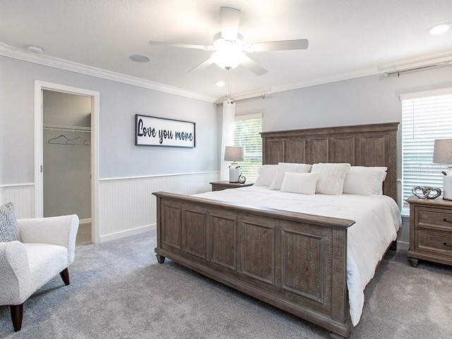 bedroom featuring a spacious closet, ceiling fan, carpet floors, and a closet