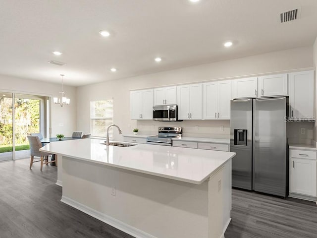 kitchen featuring appliances with stainless steel finishes, sink, white cabinetry, and an island with sink