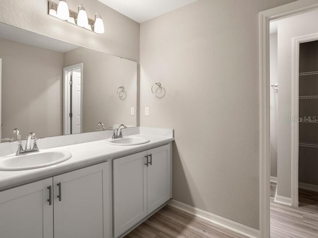 bathroom with wood-type flooring and vanity