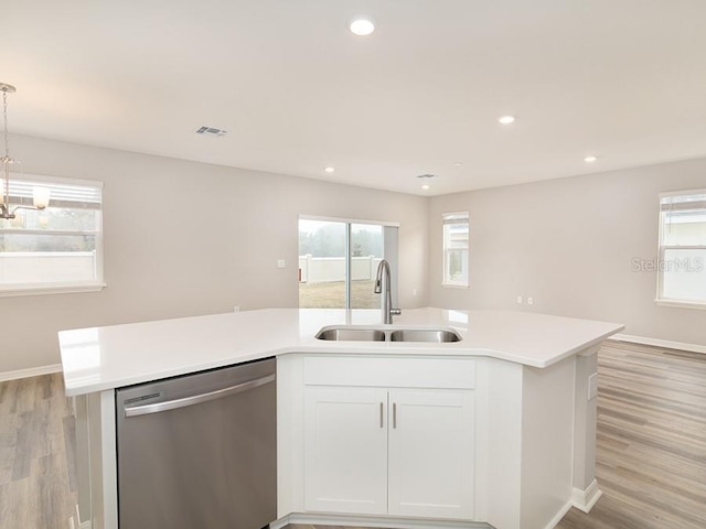 kitchen with pendant lighting, sink, white cabinets, stainless steel dishwasher, and a center island with sink