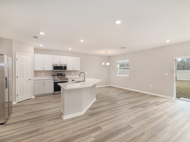 kitchen featuring decorative light fixtures, white cabinetry, sink, a kitchen island with sink, and stainless steel appliances