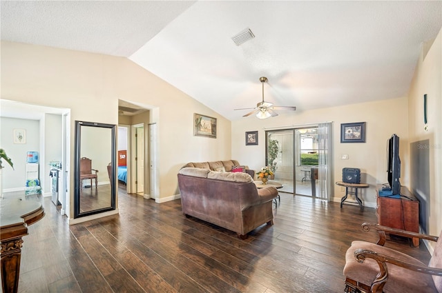 941 Devonshire Way, Lake Wales, FL 33853 - living area featuring a ceiling fan, lofted ceiling, dark wood-style floors, and baseboards